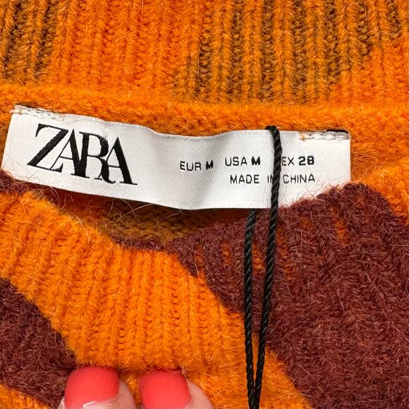 NEW with tags Zara Sweater Orange Red Swirls High Crew Neck Crop Women's Size M - Picture 3 of 6